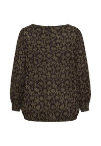 Dunkelbluse mit floralem Muster, runden Ausschnitt, langen Puffärmeln und elastischem Saum. Sie verfügt über ein grünfarbenes Muster auf schwarzem Hintergrund.