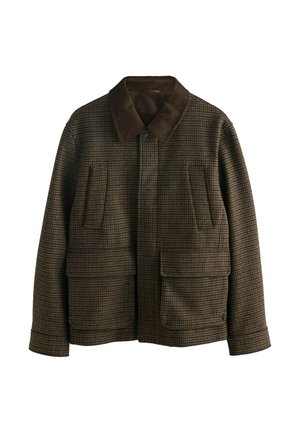 Braun kariertes Jackett mit einem braunen Cordkragen, das zwei vordere aufgesetzte Taschen und einen Knopfverschluss aufweist. Robuster Stoff mit strukturierter Oberfläche.