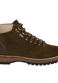 Stivale da hiking in suede marrone con dettagli in pelle color sabbia, occhielli in metallo e lacci marroni, dotato di un suola in gomma caratterizzata da un motivo per un'ottima aderenza.
