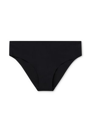 Czarny dół bikini z gładkiego, elastycznego materiału. Posiada niską talię i umiarkowane pokrycie. Brak widocznych wzorów oraz elementów metalowych.