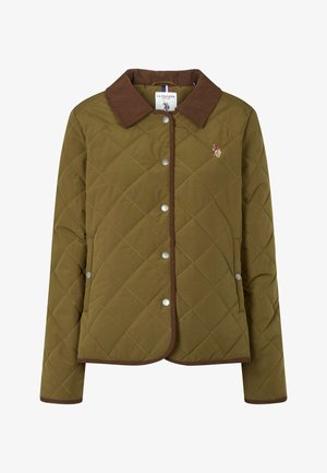 Olivengroene doorgestikte jas met een bruine corduroy kraag, zilveren drukknoopsluitingen en een klein logo borduursel op de borst.