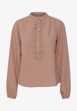 Bluzica dugih rukava u svijetlo ružičastoj boji s vertikalnim prugama. Sadrži volanasti otvor s gumbićima i mandarin kragnu.