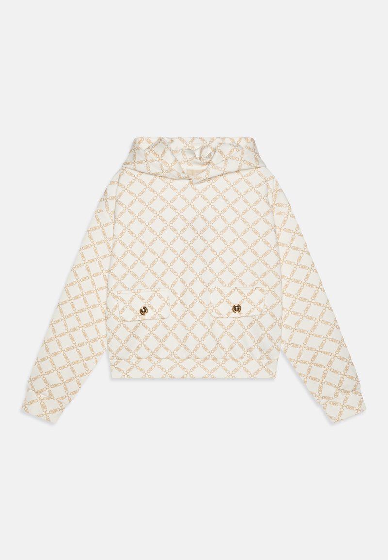 Giacca corta in tessuto crema con un motivo geometrici dorato. Presenta un cappuccio e due tasche frontali con bottoni dorati.