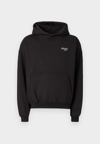 Fekete kapucnis pulóver elülső zsebbel, húzózsinóros kapucnival, bordázott mandzsettával és szegéllyel, valamint a mellkason egy kis fehér logóval. Puha, sima anyag.