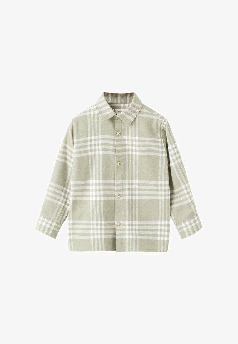 Světle zelená kostkovaná košile s dlouhými rukávy, s límečkem a dřevěnými knoflíky, vyrobená z měkké tkaniny s hladkou strukturou.