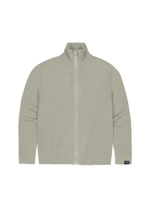 Helle graue Strickjacke mit durchgehendem Reißverschluss, geripptem Kragen, Bündchen und Saum sowie einem kleinen schwarzen Markenlabel am unteren linken Ärmel.
