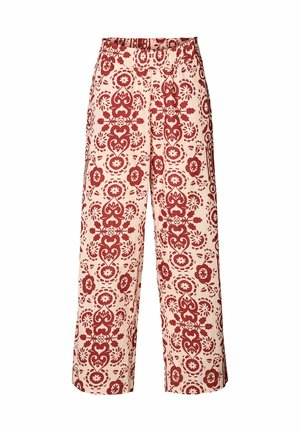 Bureaubroek van lichte stof met een roze achtergrond en een rood bloemenpatroon. Elastische tailleband met decoratieve accenten.
