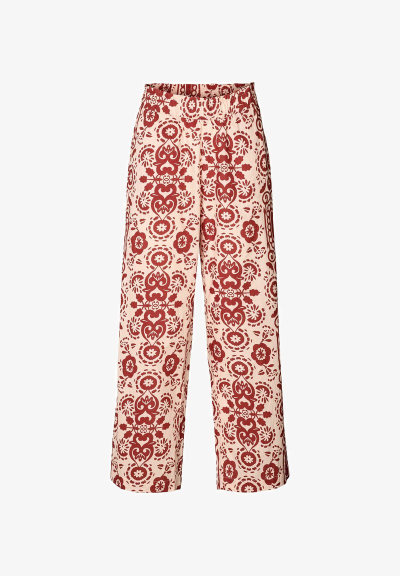Bureaubroek van lichte stof met een roze achtergrond en een rood bloemenpatroon. Elastische tailleband met decoratieve accenten.