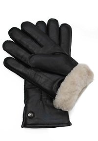 Schwarze Lederhandschuhe mit einem weichen beigen Fellbund, Fünf-finger-Design und einem metallischen Akzent nahe dem Bund, der hochwertige Materialien hervorhebt.