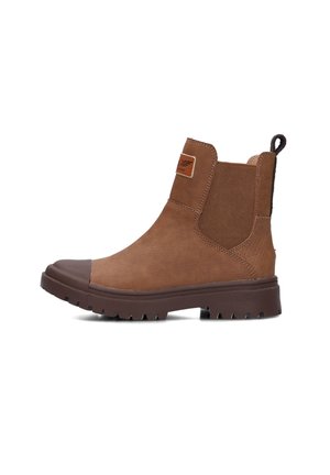 Bottines brunes à tige en cuir lisse, avec des panneaux latéraux en élastique et une semelle en caoutchouc dotée d'une gomme texturée pour une meilleure adhérence.