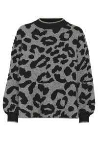 Pull gris avec un motif léopard noir, col rond et poignets côtelés. Texture douce avec une coupe décontractée.