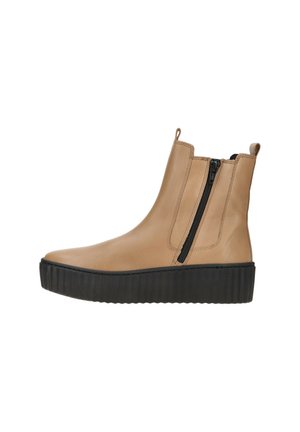 Brown leather ankle boot with a black platform sole, side zip closure, and two pull tabs for easy wear. Smooth texture and sleek design.