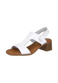 Sandalia de cuero blanca con tacón cuadrado, punta abierta y diseño calado. Presenta una correa ajustable y una plantilla marrón con detalle texturizado.