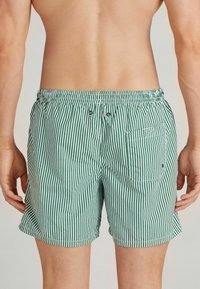 Grün-weiß gestreifte Badehose mit elastischem Bund, zwei Fronttaschen und einer Gesäßtasche mit Druckknopfverschluss.
