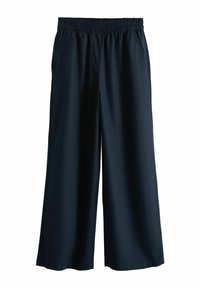 Marineblaue, weit geschnittene Hosen mit elastischem Bund und Seitentaschen, auf weißem Hintergrund dargestellt.