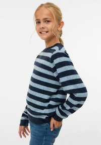 Pulover z navy in svetlo modrimi črtami, okroglo izrezan, mehke teksture, dolgimi rokavi in prilegajočim se spodnjim robom. Obučen z modrimi kavbojkami.