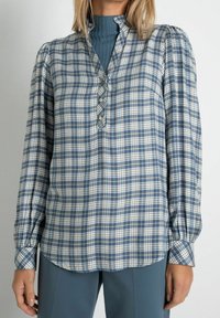 Langärmlige Karobluse in Blau und Weiß, mit einem Kragen, Knopfleiste und gerafften Ärmeln für zusätzliche Details.