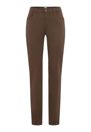 Braune Slim-Fit-Hose mit vorderer Knopf- und Reißverschluss, vorderen und hinteren Taschen sowie Gürtelschlaufen.