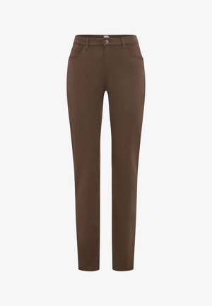 Braune Slim-Fit-Hose mit vorderer Knopf- und Reißverschluss, vorderen und hinteren Taschen sowie Gürtelschlaufen.