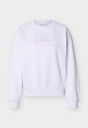 Biela dlhá mikina Calvin Klein s kruhovým výstrihom a vystúpeným logom "cK Calvin Klein" na prednej strane.