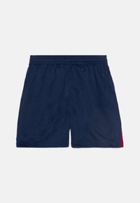 Marineblå sportshorts med elastisk midja, med röda och blå sidodetaljer, tillverkade av lätt och andningsbart material, texturerad design.