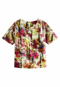 Tričko s krátkym rukávom s farebným viacfarebným tie-dye vzorom, okrúhlym výstrihom a jemnými záhybmi na ramenách. Ľahká tkanina.