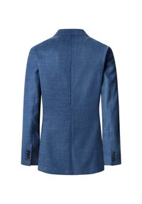 Modrý blazer vyrobený z texturované látky, s klopovým límcem, dlouhými rukávy a manžetami na knoflíky. Zadní strana má čistý, nezdobený design.