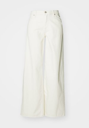 Wide-leg white jeans made of denim. Features a high waist, front button closure, and classic five-pocket design. Smooth texture, no patterns.