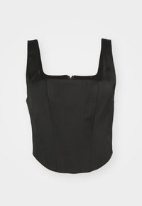 Haut de corset en satin noir avec un décolleté carré, des bretelles larges et des détails de panneaux subtils, doté d'une fermeture éclair à l'arrière.