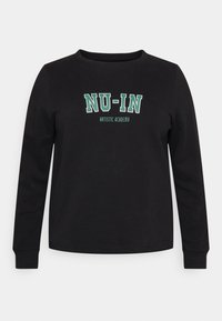 Sweatshirt preto de mangas longas feito de algodão, apresentando texto verde e branco "NU-IN ARTISTIC ACADEMY" na parte da frente, com decote redondo e punhos canelados.