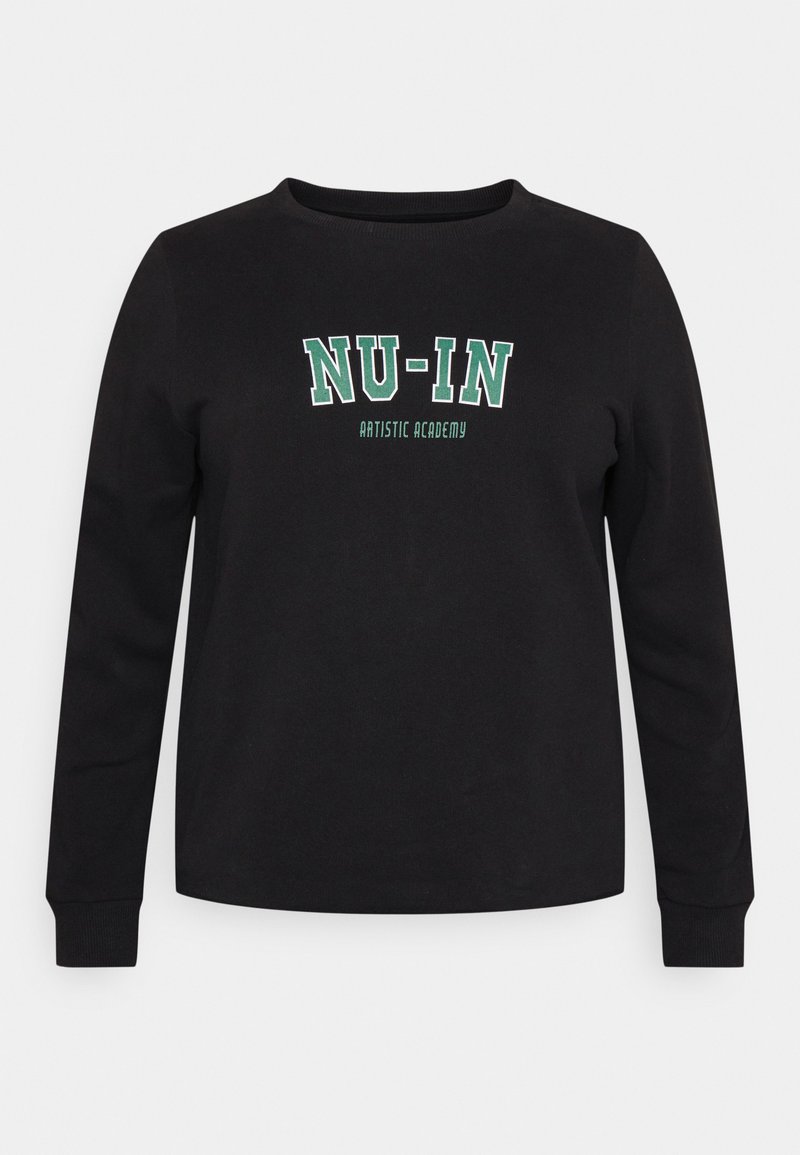 Sweatshirt preto de mangas longas feito de algodão, apresentando texto verde e branco "NU-IN ARTISTIC ACADEMY" na parte da frente, com decote redondo e punhos canelados.