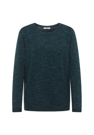 Suéter de manga larga en un tono verde azulado oscuro con un patrón horizontal texturizado, cuello redondo y acabado de tela suave y lisa.