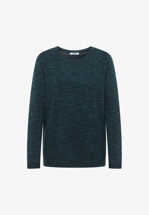 Suéter de manga larga en un tono verde azulado oscuro con un patrón horizontal texturizado, cuello redondo y acabado de tela suave y lisa.