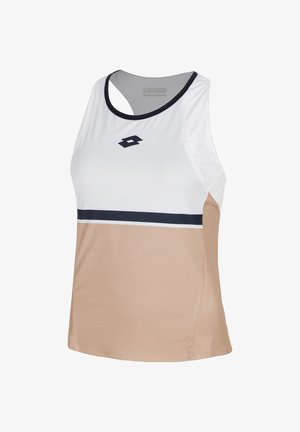 Ermeløs sportstopp med hvit overdel, beige nederste del, svart horisontal stripe og svart logo sentrert på brystet.