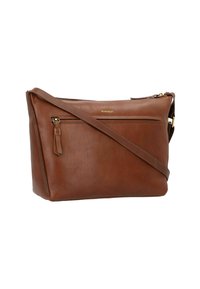 Borsa a tracolla in pelle marrone con un compartimento principale con zip, tasca anteriore con zip e una tracolla regolabile. Texture liscia e dettagli in metallo dorato.