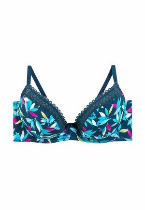 Soutien-gorge à motif floral en bleu canard foncé avec des feuilles bleues et roses. Il présente une dentelle le long des bonnets et des bretelles réglables.