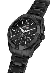 Orologio cronografo in acciaio inossidabile nero con cinturino testurizzato, grandi cifre e tre sotto-quadranti. Impermeabile fino a 100 metri.