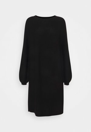 Vestito lungo nero a maniche lunghe con scollatura rotonda e vestibilità ampia. Realizzato in un tessuto liscio, presenta maniche a sbuffo e una silhouette dritta.