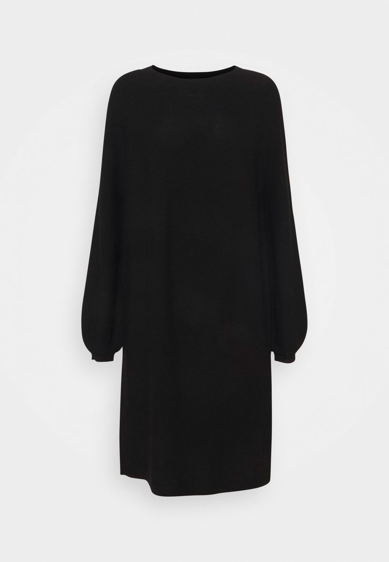 Robe noire à manches longues avec encolure ronde et coupe ample. Fabriquée dans un tissu lisse, elle possède des manches bouffantes et une silhouette droite.