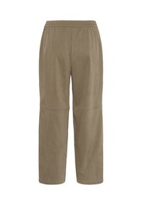 Pantalones de pierna ancha color caqui, confeccionados en un tejido texturizado. Cuentan con una cinturilla elástica y costuras visibles en las rodillas.