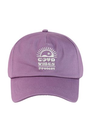 Paarse honkbalpet met een witte geborduurde zon en de tekst "GOOD VIBES protest" aan de voorkant.