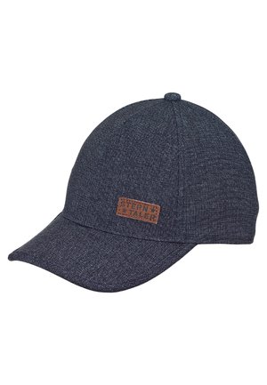 Dunkelblaues Cap mit einer strukturierten Krone und einem gebogenen Schirm. Ausgestattet mit einem strukturierten Stoff und einem braunen Lederetikett mit geprägt "STERN TALER".