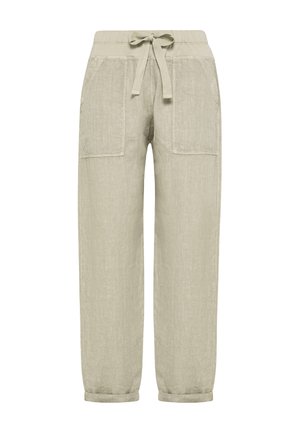 Hellbeige Freizeithose mit elastischem Bund, vorne gebunden, zwei großen aufgesetzten Taschen vorne und umgeschlagenen Saumabschlüssen.