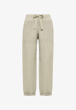 Jasnobeżowe casualowe spodnie z elastycznym pasem, wiązane z przodu, z dwoma dużymi naszywanymi kieszeniami z przodu oraz mankietami na nogawkach.