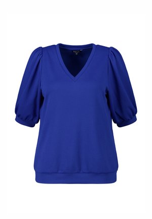Blauwe dames blouse met korte mouwen, V-hals en pofmouwen, voorzien van een aangesloten geribde zoom en een gestructureerde stof.