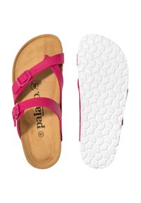 Pink sandal with two adjustable straps and buckles. Cork footbed and textured white rubber outsole. Stamped logo on the insole.