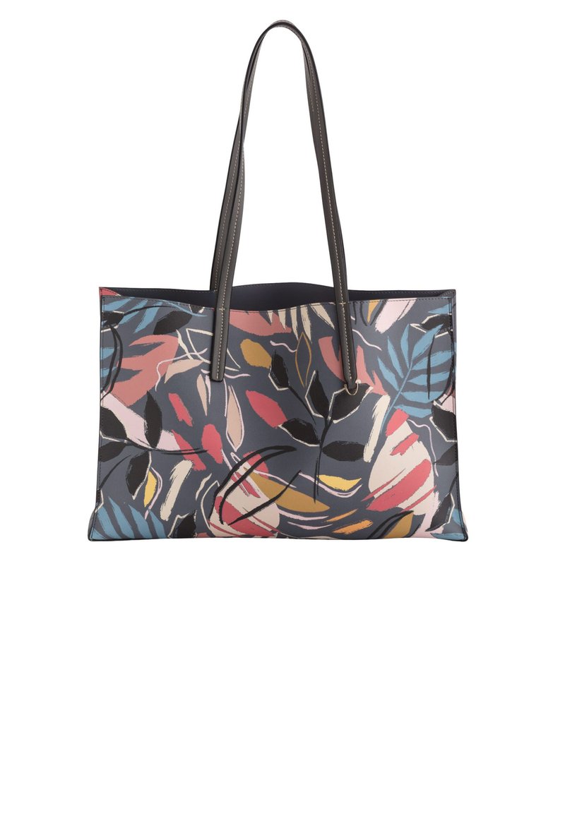 Gran bolsa de tote con un patrón floral multicolor, hecha de material suave, que cuenta con dos asas negras y un interior espacioso.