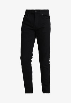 Jeanși din denim negru, cu croi slim, având talie medie, design cu cinci buzunare și detalii de cusătură discrete. Material texturat și neted.