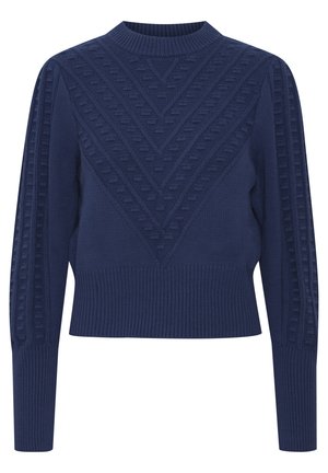 Jersey de punto azul marino con cuello alto, que presenta un patrón geométrico texturizado y un dobladillo y puños acanalados. Mangas largas.