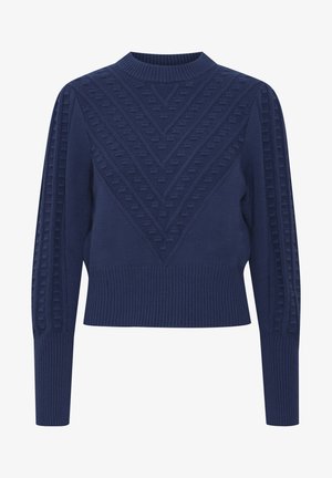 Mornarsko modra pletena jopica z visokim ovratnikom, ki ima teksturiran geometrijski vzorec ter rebrast rob in manšete. Dolgi rokavi.